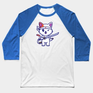 Cute Cat Holding Sword Katana Cartoon Baseball T-Shirt